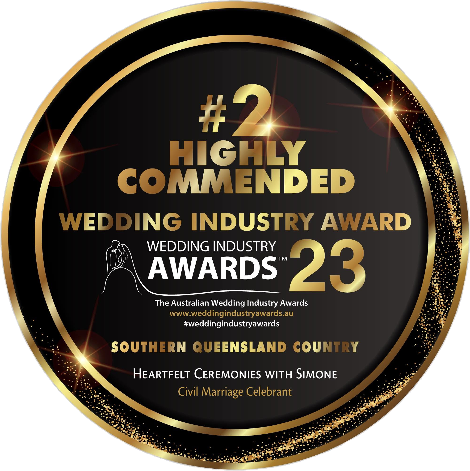 Highly Commended badge, Australian Wedding Industry Awards 2023, Southern Queensland Country Civil Marriage Celebrant